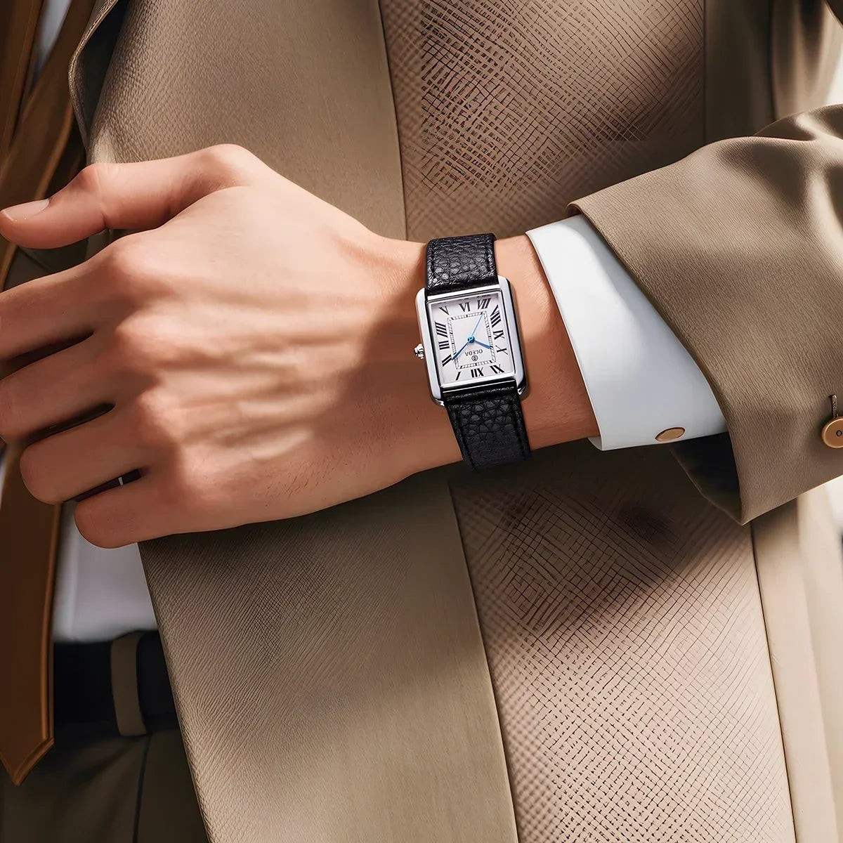 Classic Rectangular Leather Strap Quartz Watch Real Old Money