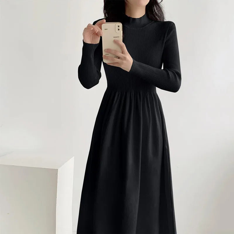 Ribbed Knit Turtleneck A-Line Dress Old Money