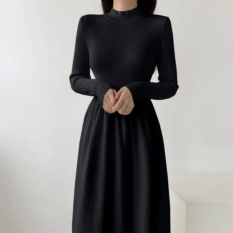 Ribbed Knit Turtleneck A-Line Dress Old Money