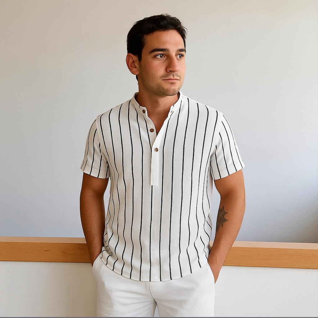 Striped Mandarin Collar Shirt Real Old Money