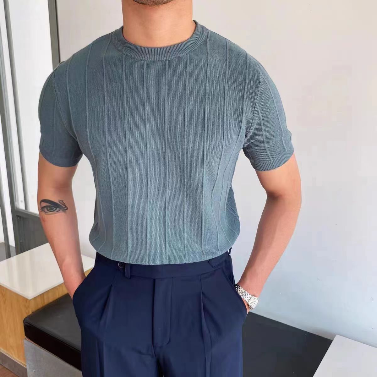 Men's Ribbed Knit Crew Neck Tee Real Old Money
