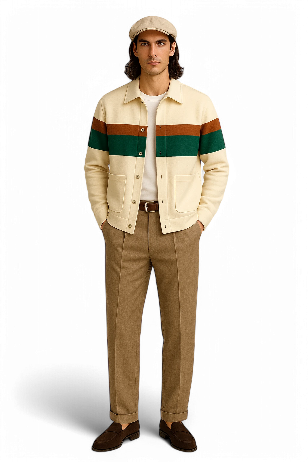 Old-money cream jacket with green-brown stripes, tan trousers, and loafers