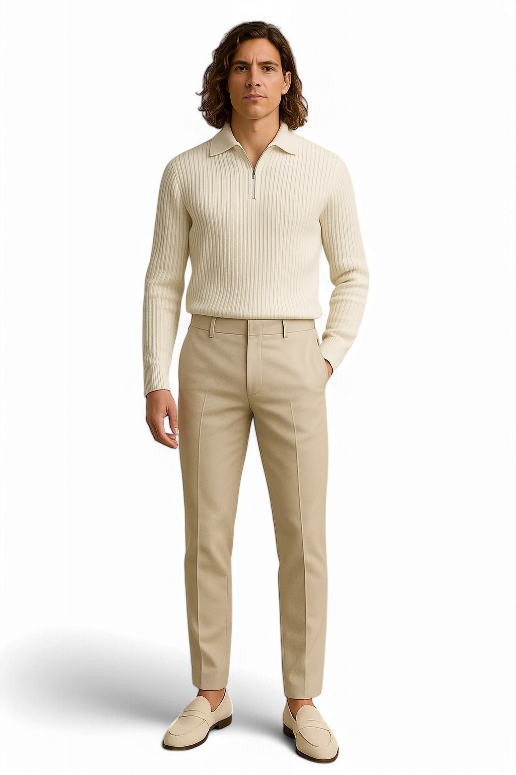 Old-money cream ribbed half-zip sweater with beige trousers and loafers