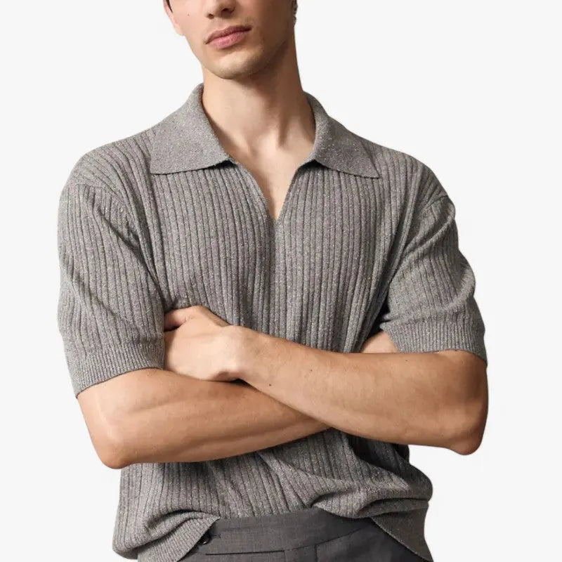 Ribbed Knit V-Neck Polo ROM